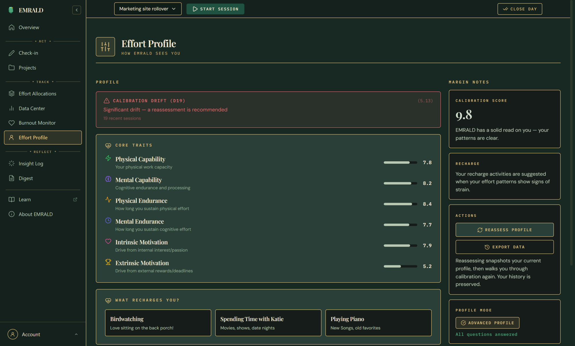 EMRALD Effort Profile in dark theme — what costs you, what restores you, and your calibrated effort inputs