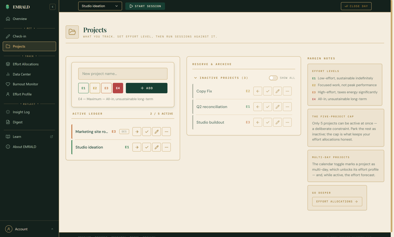 EMRALD Projects view — active projects each tagged with an effort level
