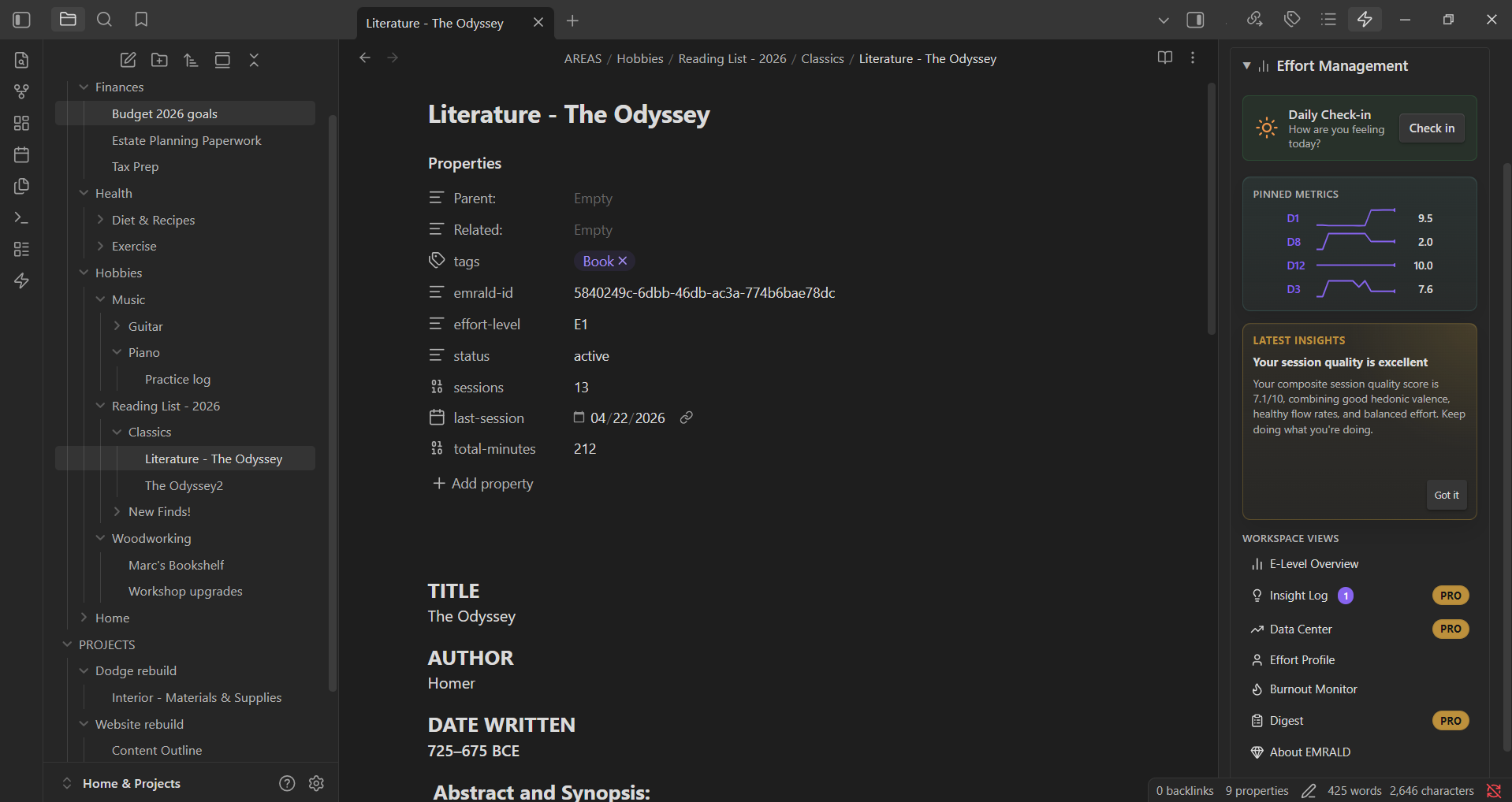 EMRALD Obsidian plugin - frontmatter properties visible on a project note with EMRALD sidebar