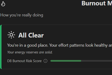 EMRALD Burnout Monitor — All Clear status, risk score, contributing factors, and trend